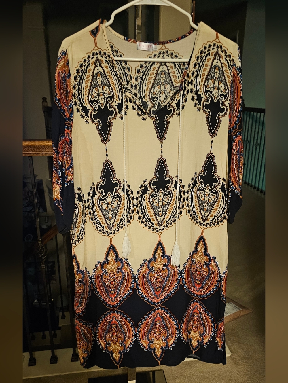 Boho Tassel-Neck Printed Tunic Dress - Cream & Navy